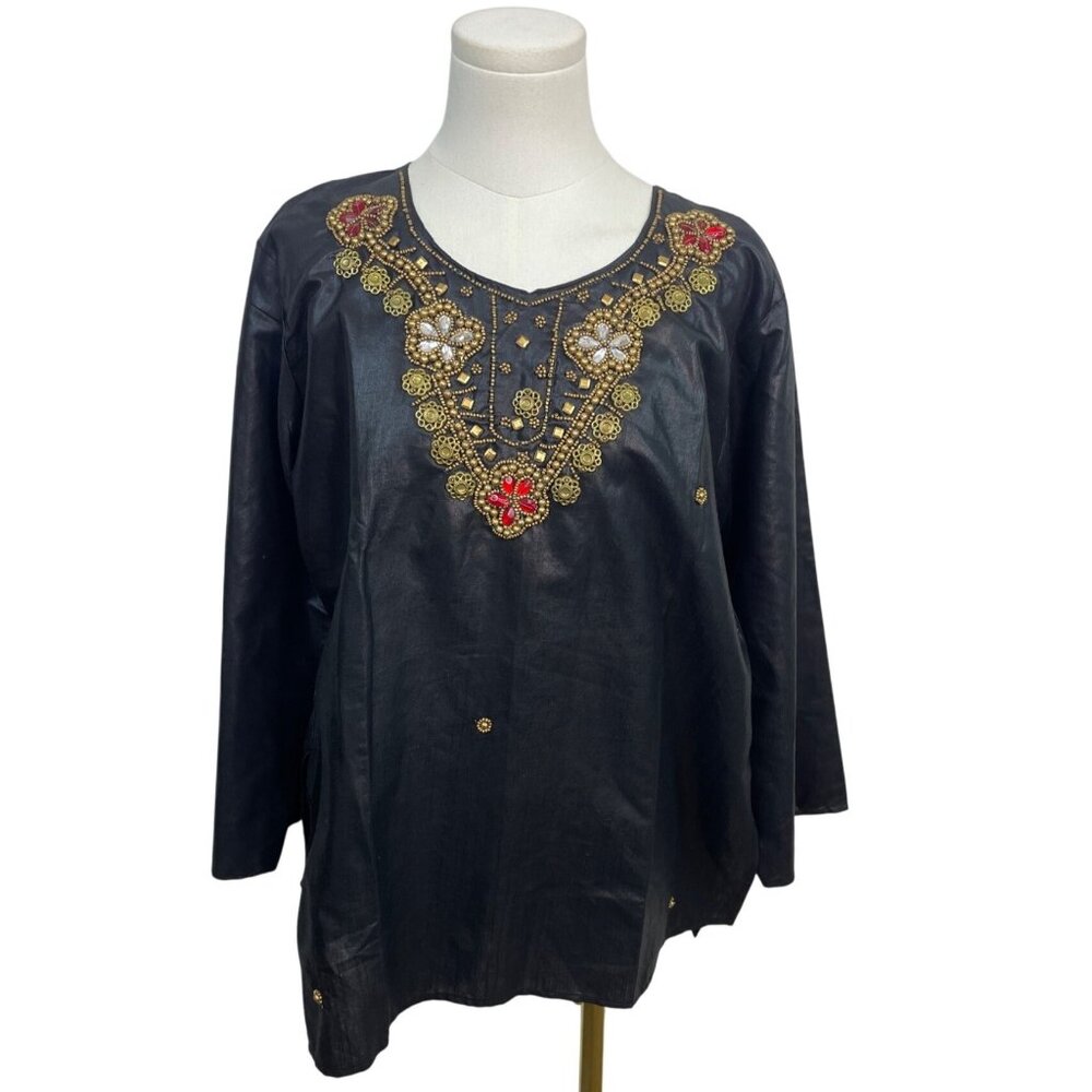 Black Suntex India Embroidered Tunic Top W/ Gold & Red Accents Long Sleeve Sz XL
